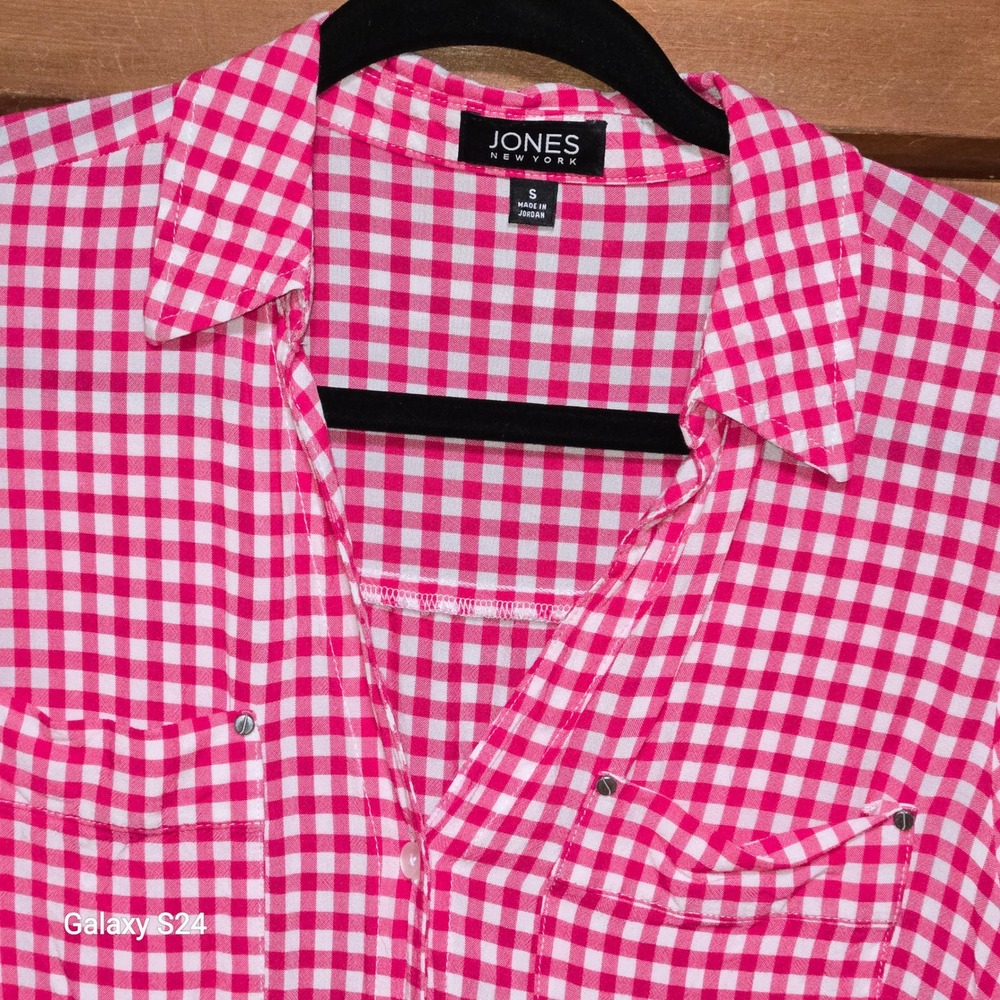 Jones New York Pink Gingham Tie Front Button Down Shirt Womens Small Stud Pocket